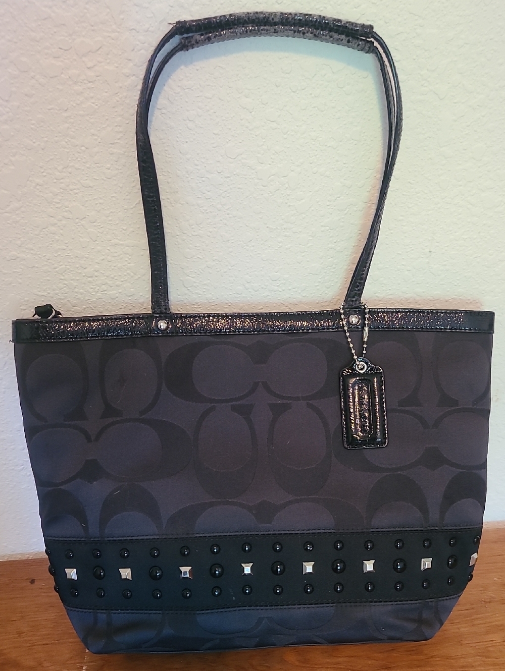 Coach Black Signature Tote with Studded Trim